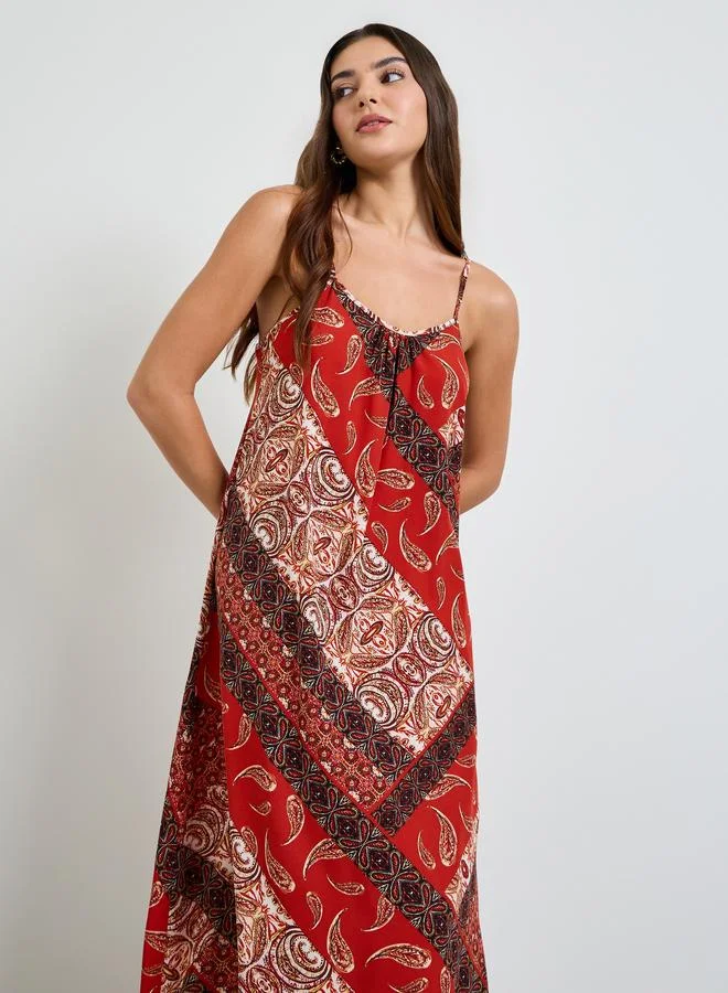 تايك تو Red Paisley Print Shift Midi Dress