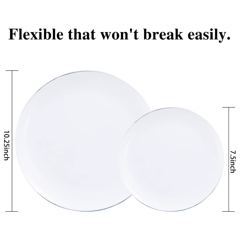 KIRE 100PCS Silver Plastic Plates - Heavy Duty White Disposable Plates with Silver Rim for Party/Wedding - Include 50Pcs 10.25inch Dinner Plates and 50Pcs 7.5inch Dessert Plates for Christmas - Image 2