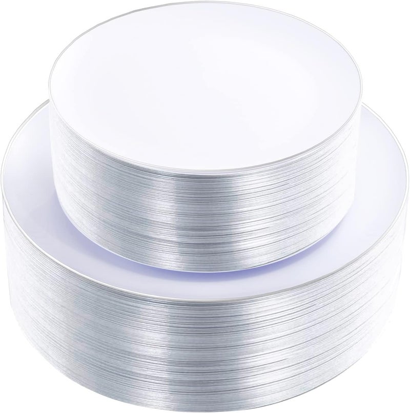 KIRE 100PCS Silver Plastic Plates - Heavy Duty White Disposable Plates with Silver Rim for Party/Wedding - Include 50Pcs 10.25inch Dinner Plates and 50Pcs 7.5inch Dessert Plates for Christmas - Image 1