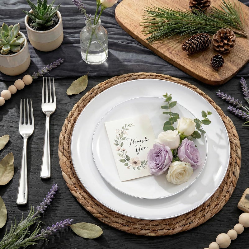 KIRE 100PCS Silver Plastic Plates - Heavy Duty White Disposable Plates with Silver Rim for Party/Wedding - Include 50Pcs 10.25inch Dinner Plates and 50Pcs 7.5inch Dessert Plates for Christmas - Image 3