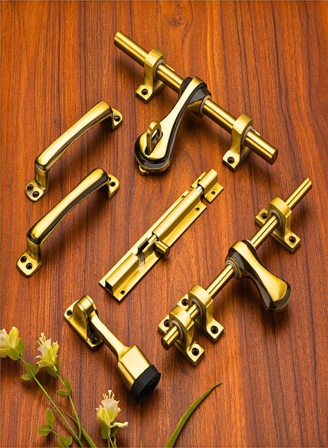 Devos Royal Minimalist Antique Aluminium Single Door Fittings Set | Hardware Accessories Kit, Brass Antique Finish | 1 Big Aldrop 10'',2 Handles 6'',1 Latch 7'',1 Stopper 6 - Image 1