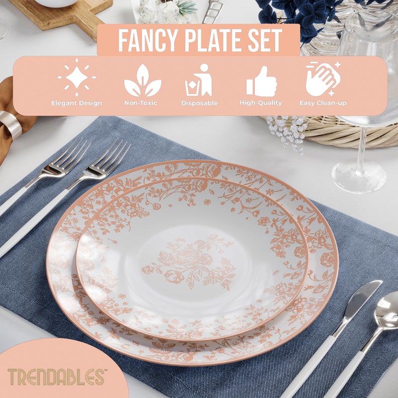Trendables Disposable Plates For Party Supplies | Pink Floral Plastic Plates For Wedding 40 Pcs - 20 X 8 & 20 X 10 Dinner Plate Sets | Floral Plate Set Disposable Plastic Dinnerware Sets - Image 4