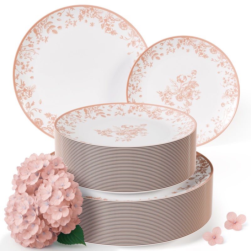 Trendables Disposable Plates For Party Supplies | Pink Floral Plastic Plates For Wedding 40 Pcs - 20 X 8 & 20 X 10 Dinner Plate Sets | Floral Plate Set Disposable Plastic Dinnerware Sets - Image 1