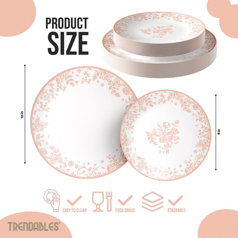 Trendables Disposable Plates For Party Supplies | Pink Floral Plastic Plates For Wedding 40 Pcs - 20 X 8 & 20 X 10 Dinner Plate Sets | Floral Plate Set Disposable Plastic Dinnerware Sets - Image 2