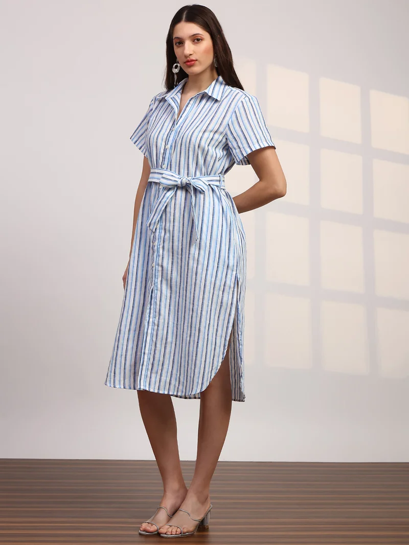 globus Globus Women Blue Stripes Printed Collared Neck Curved Hem Button-Down Belted Shirt Style Dress