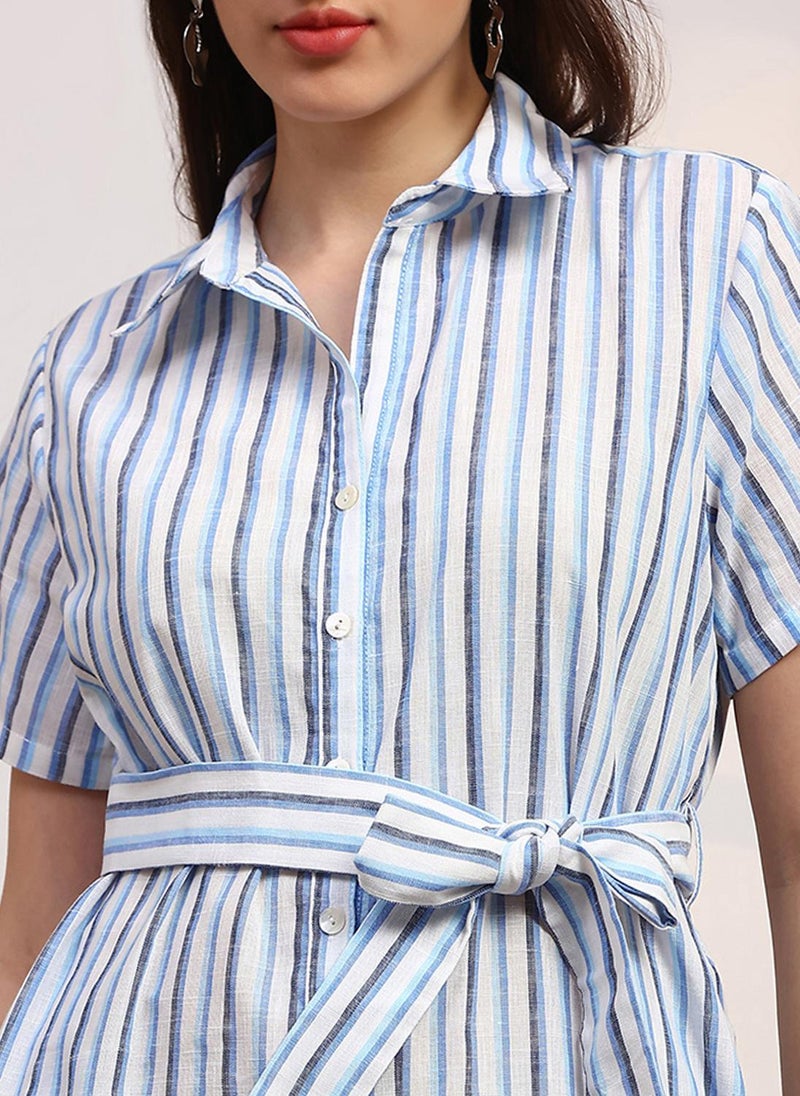 Globus Women's Blue And White Striped Curved Hem Casual Dress with Shirt Collar and Belted Waist - Image 5
