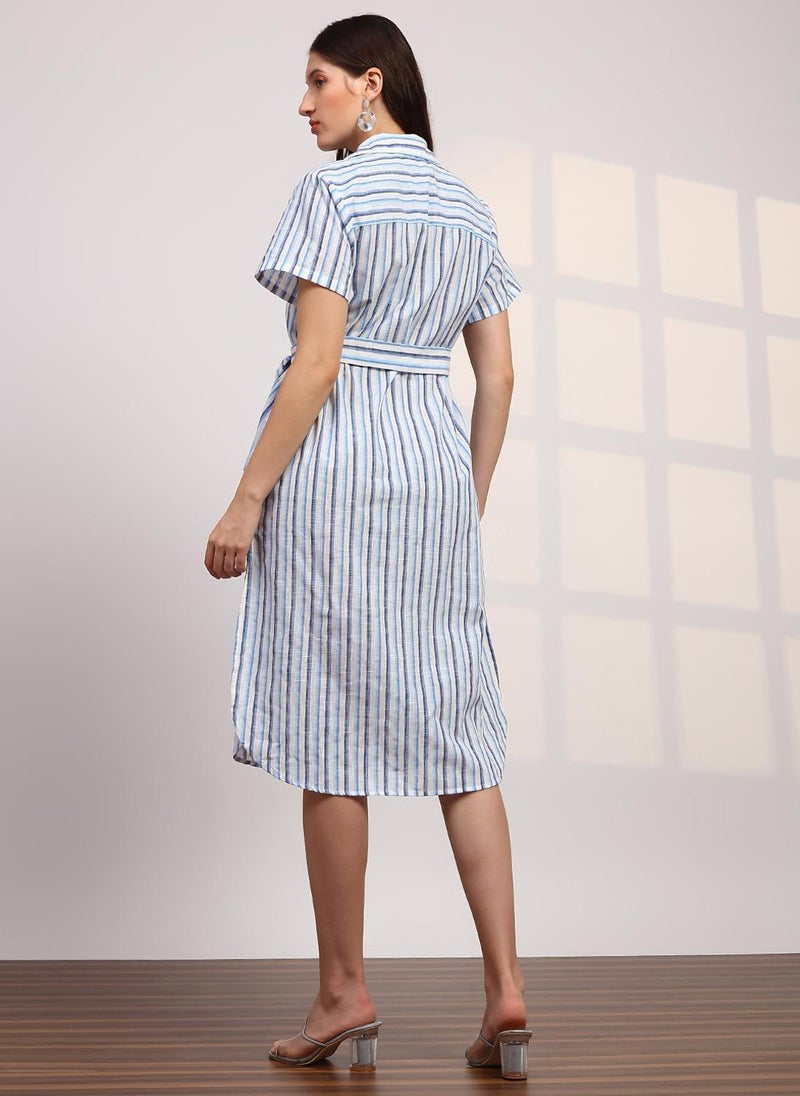 Globus Women's Blue And White Striped Curved Hem Casual Dress with Shirt Collar and Belted Waist - Image 4