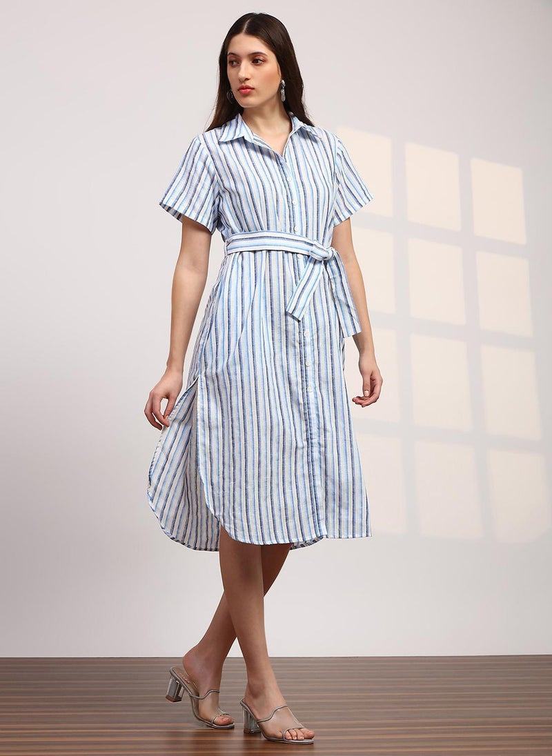 Globus Women's Blue And White Striped Curved Hem Casual Dress with Shirt Collar and Belted Waist - Image 1