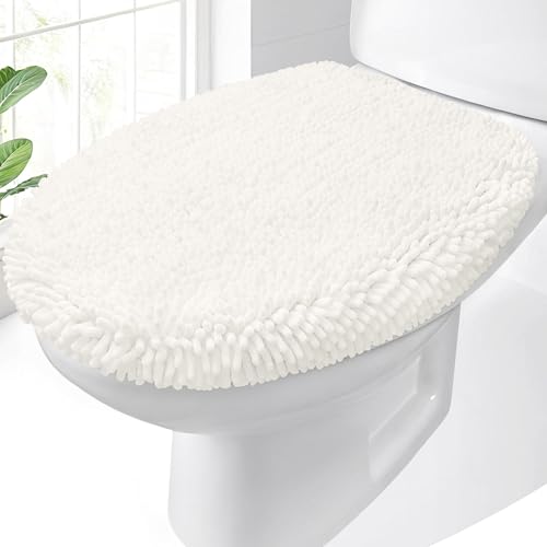 OLANLY Soft Chenille Bathroom Toilet Lid Cover Machine Washable Seat Covers 175x15 Stays in Place Rubber Backing Fits Most Round Elongated and Oblong Lids Accessories Decor Ivory - Image 1