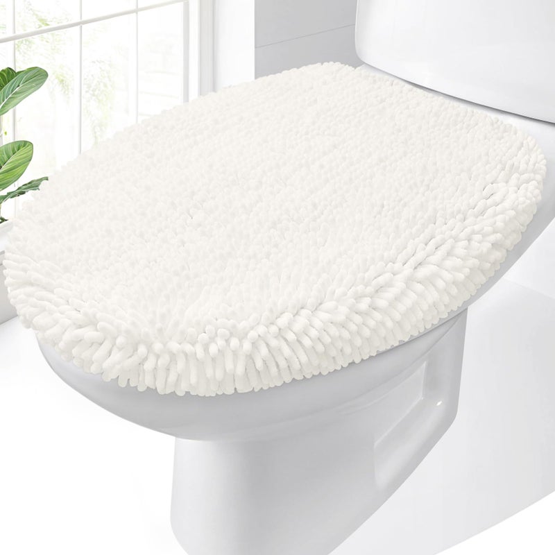 OLANLY Soft Chenille Bathroom Toilet Lid Cover Machine Washable Seat Covers 175x15 Stays in Place Rubber Backing Fits Most Round Elongated and Oblong Lids Accessories Decor Ivory - Image 2