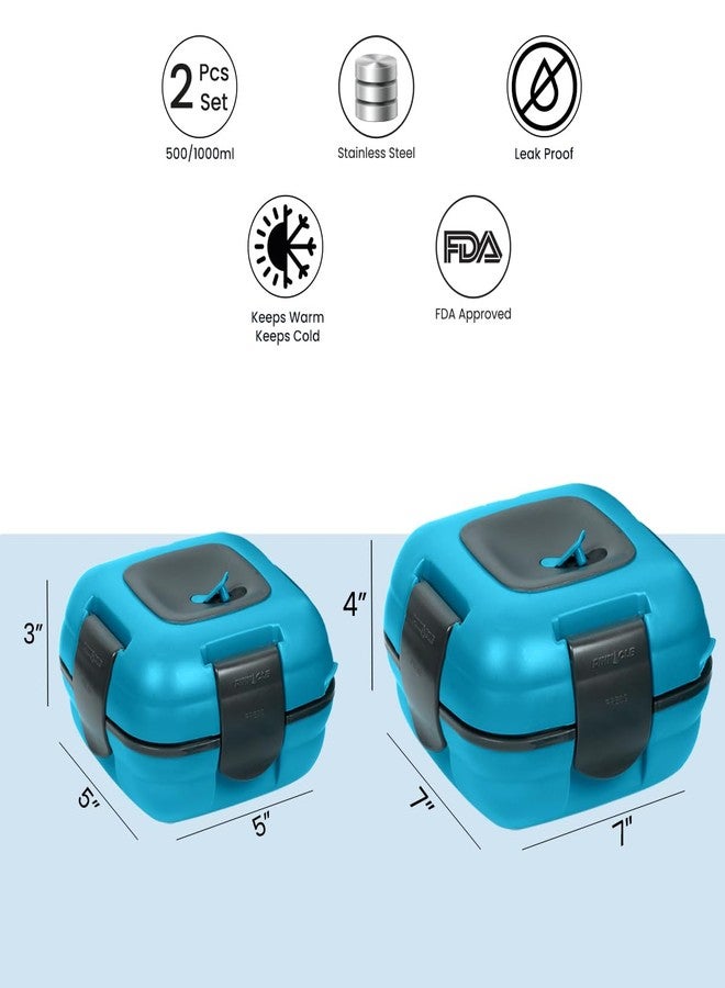 بيناكل علبة غداء معزولة مانعة للتسرب من بيناكل للأطفال/الكبار - علبة غداء حرارية من الفولاذ المقاوم للصدأ للمدرسة، طقم من مقاسين (أزرق، 16-32 أونصة) - Image 2