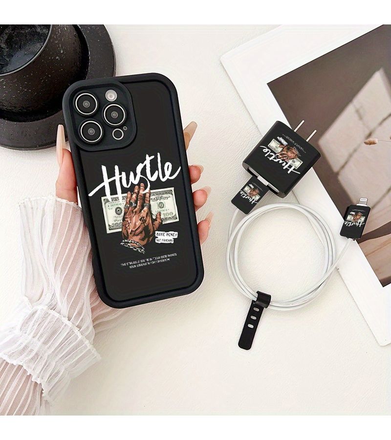 Personalized Black Phone Case Set 5 Cases with Accessories 2 Data Cable Protectors 1 Charger Protector 1 Data Cable Strap Compatible with iPhone 11 Pro Max - Image 4