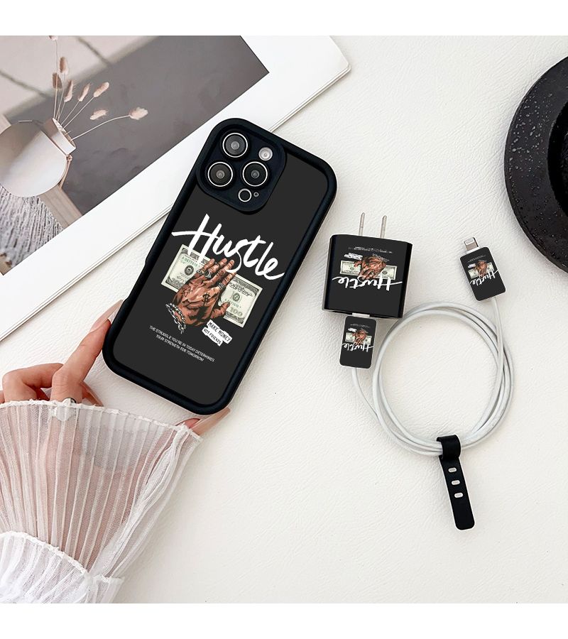 Personalized Black Phone Case Set 5 Cases with Accessories 2 Data Cable Protectors 1 Charger Protector 1 Data Cable Strap Compatible with iPhone 11 Pro Max - Image 5