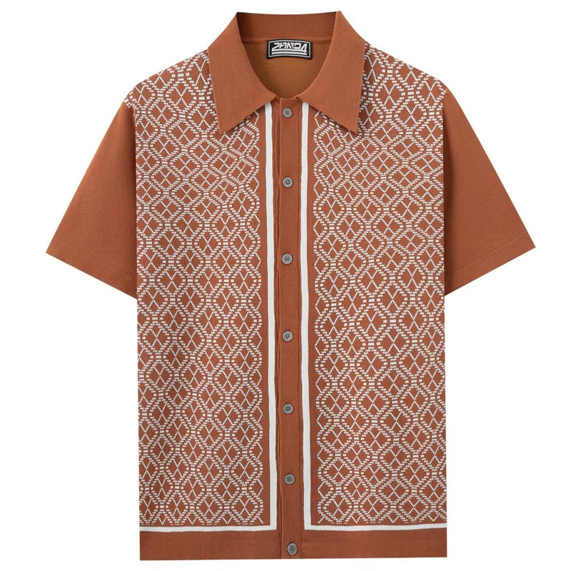 Men's Diamond Jacquard Knitted Polo Shirt, Short Sleeve, Contrast Collar - Image 2