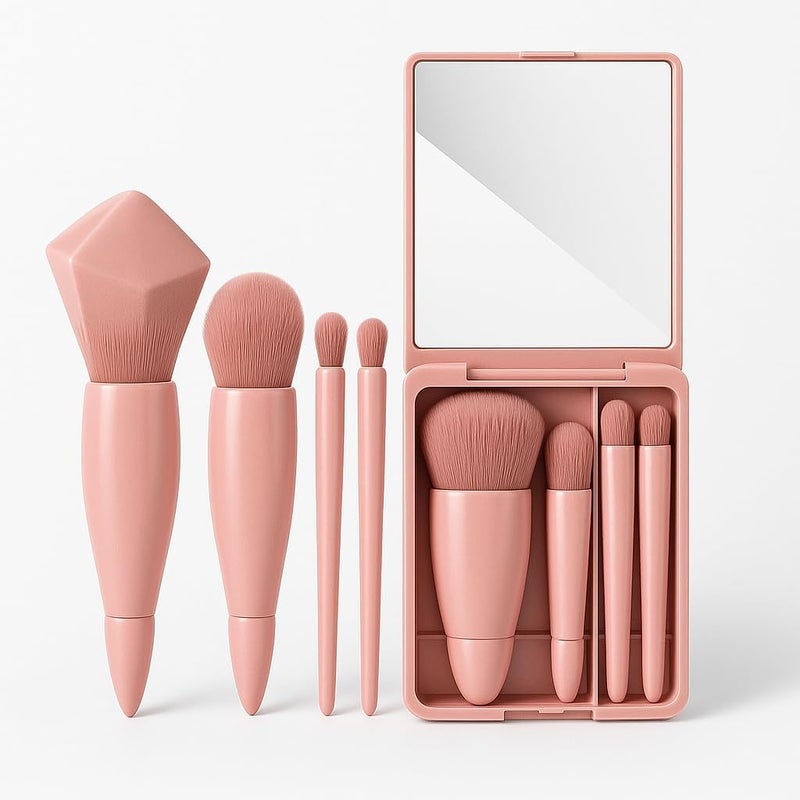MEXONIC 5-in-1 Mini Makeup Brush Set with Mirror Compact Travel-Friendly Pocket Makeup Brushes Kit for Foundation, Eyeshadow, Blush & Powder Portable Cosmetic Brush Set for Women & Girls (PINK) - Image 2