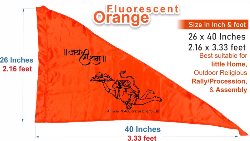 La Jarden® Bajrangbali with mountain flag 26x40 inches Medium size | Jai Shree Ram Printed Bhgwa Dhwaj carrying mountain | Pataka Religious | Spiritual Celebration Purpose Orange color | Saffron | Temple flag (Fluorescent Orange) - Image 2