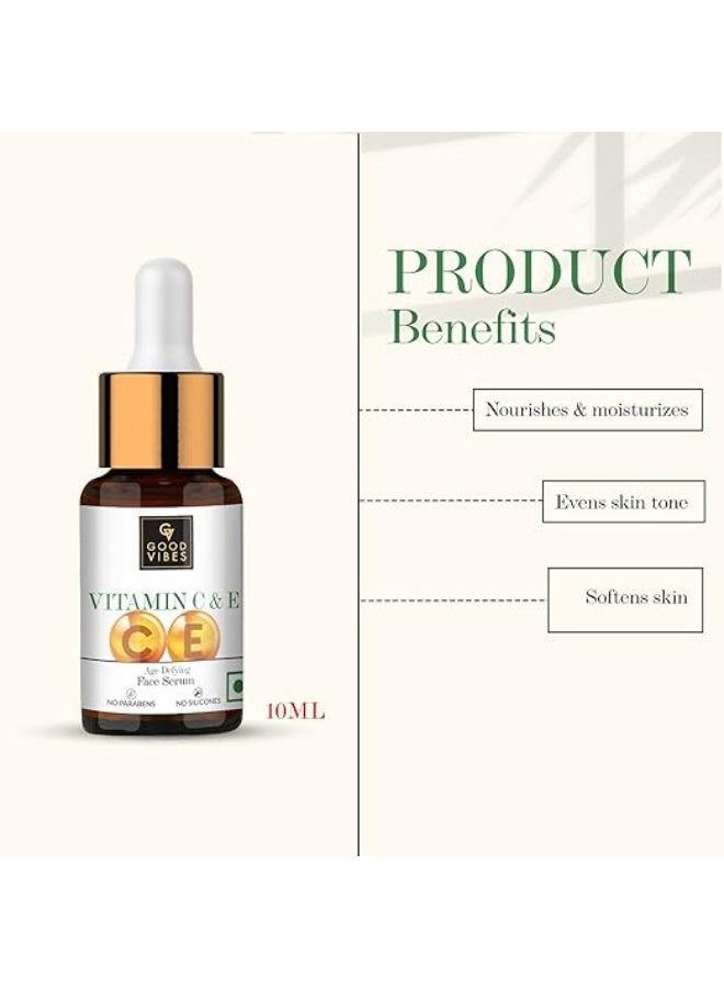 Good Vibes Vitamin C & Vitamin E Age Defying Serum, 10 ml Light Weight Non Greasy Helps Reduces Wrinkles Skin Repair, Naturally Glowing Face Serum, No Parabens & Sulphates, No Animal Testing - Image 2