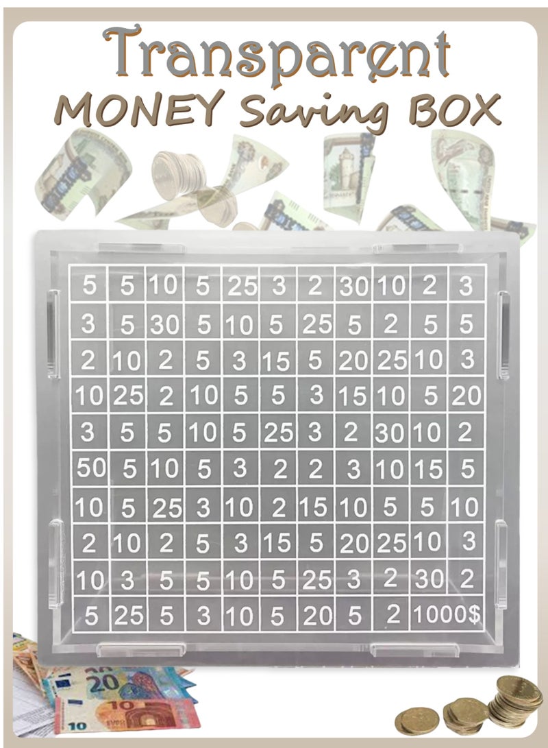 YooA Durable Transparent Plastic Money Saving Box with Dark Wood|Reusable Money Box with Erasable Marker and Counter,Currency/Cash/Coin Saver, Piggy Bank, Durable Transparent Plastic Material Sturdy No Damage Reusable Smooth No Burrs Tool Saving, Money Donation Container, Target Best Holidays, Birthdays, Other Events Gift for Friends, Adults, Kids(10000 Dirhams/Dollars) 