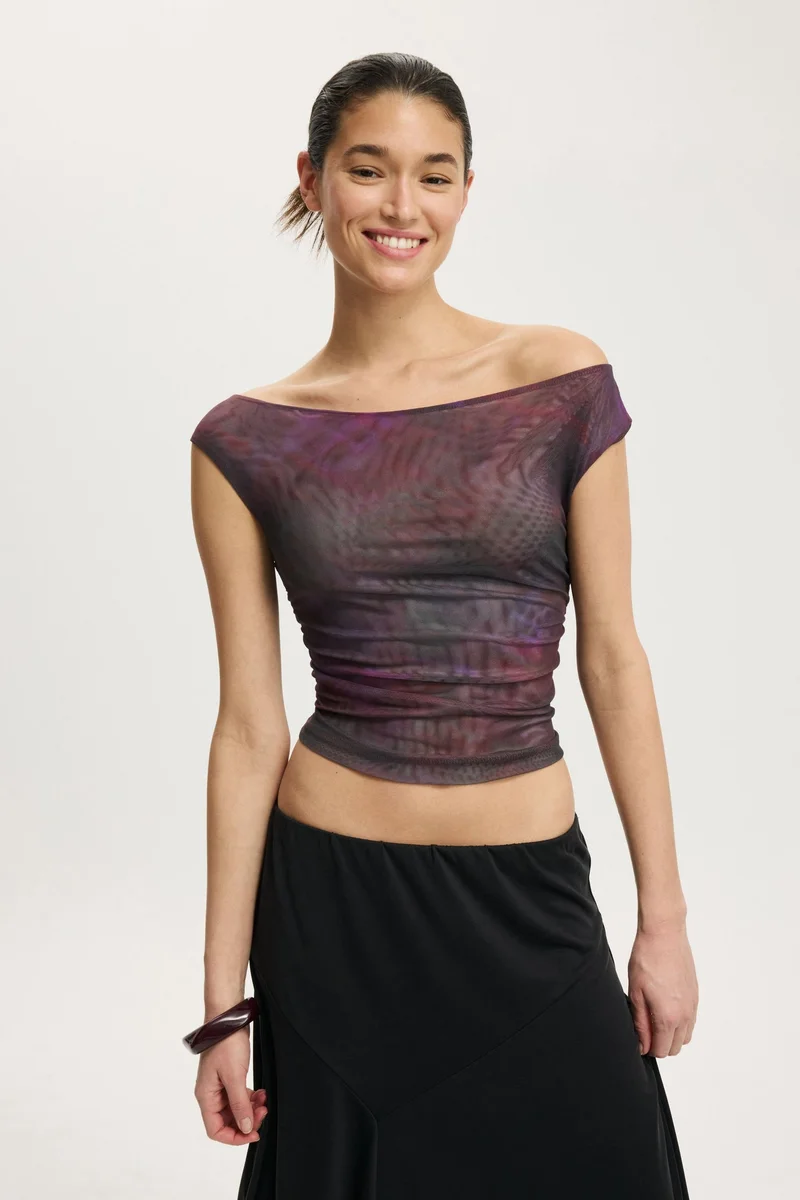 GATHERED MESH OFF SHOULDER TOP
