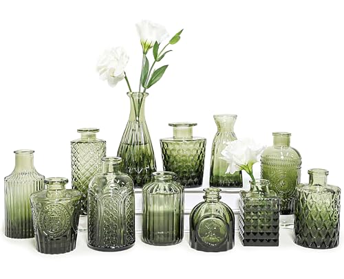 SUPMIND 12pcs Glass Bud Vase Set, Small Green Flower Vases for Centerpieces in Bulk, Mini Vintage Vase for Wedding, Home,Table Decoration - Image 1