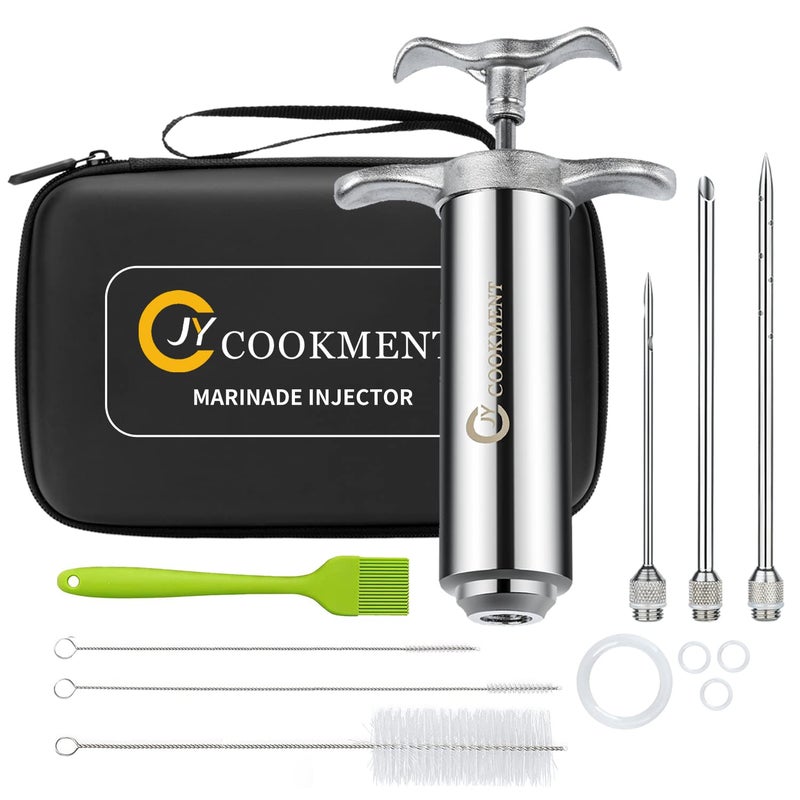 JY COOKMENT Meat Injector Syringe 2-oz Marinade Flavor Barrel 304 Stainless Steel with 3 Marinade Needles, Travel Case for BBQ Grill Smoker, Turkey, Brisket, Paper Instruction and E-book Included by JY COOKMENT - Image 1