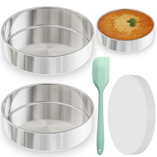 AWTBDP 9½ Inch Cake Pan Set of 2, Nonstick Circle Stainless Steel Round Layer Cake Baking Pans Tins with 100PCS Parchment Paper for Birthday Christmas, Healthy & Non-Toxic, Silicone Spatula & Dishwasher Safe - Image 1