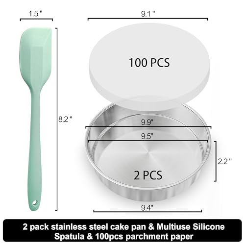 AWTBDP 9½ Inch Cake Pan Set of 2, Nonstick Circle Stainless Steel Round Layer Cake Baking Pans Tins with 100PCS Parchment Paper for Birthday Christmas, Healthy & Non-Toxic, Silicone Spatula & Dishwasher Safe - Image 3