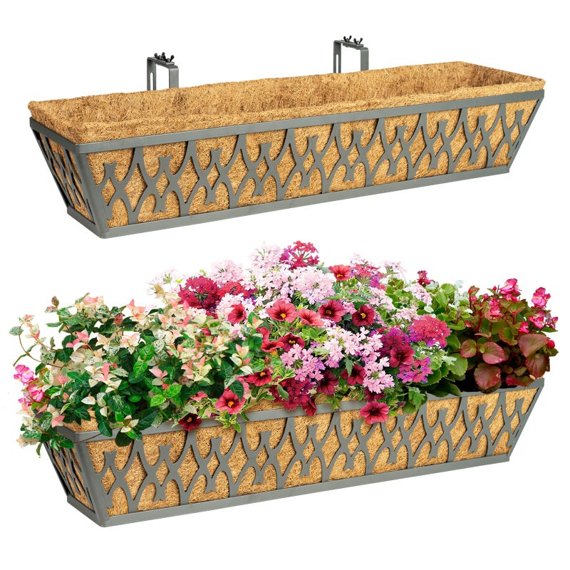 Karlliu 2 Pack 30 Inch Window Boxes Planters Railing Planter Box with Adjustable Brackets for Porch Fence Patio Balcony Hanging Flower Baskets with Coco Liners for Outdoor Garden Decor - Dark Grey - Image 1