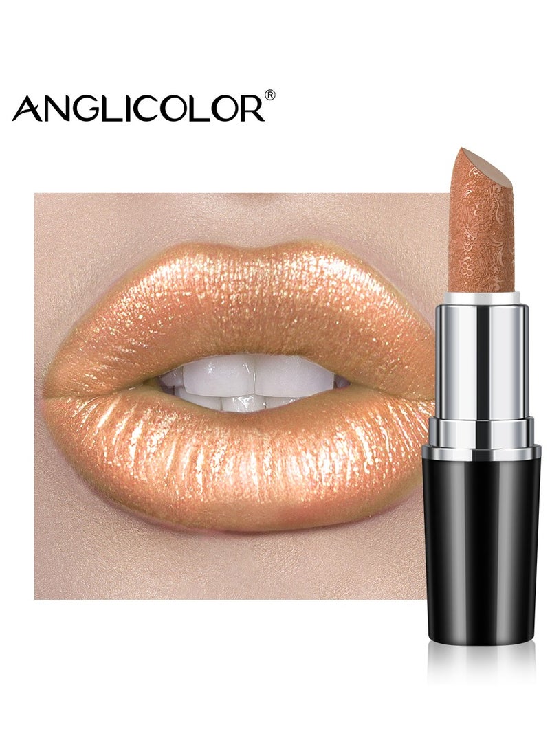Anglicolor 1PC Glitter Lipstick High Impact Lipcolor,Nude Lipstick Moisturizing Creamy Formula,Metallic Lipstick For Women For Vegan and Cruelty-Free,Full-Coverage Lip Color, 10#SAHARA GOLD  - Image 1