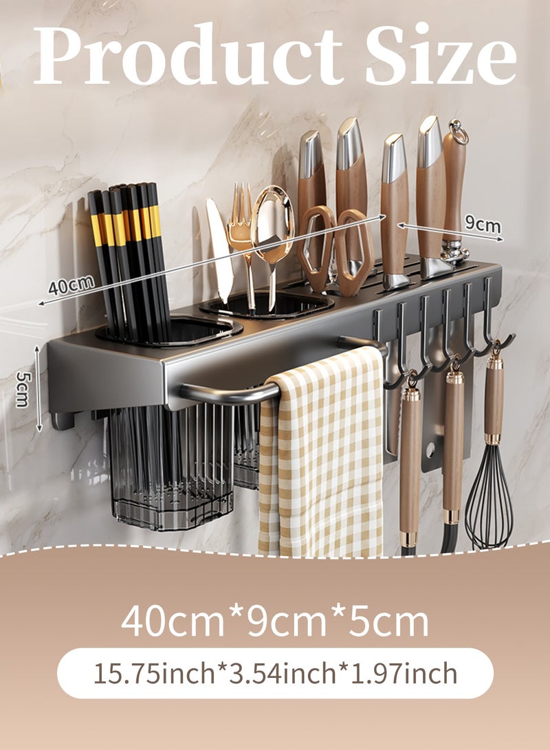 بيت الشاي رف تخزين المطبخ، حامل سكاكين مثبت على الحائط مع خطافات - منظم مطبخ موفر للمساحة بطول 40 سم للأواني والسكاكين والمناشف، رف سكاكين من الألومنيوم المقاوم للصدأ - Image 2