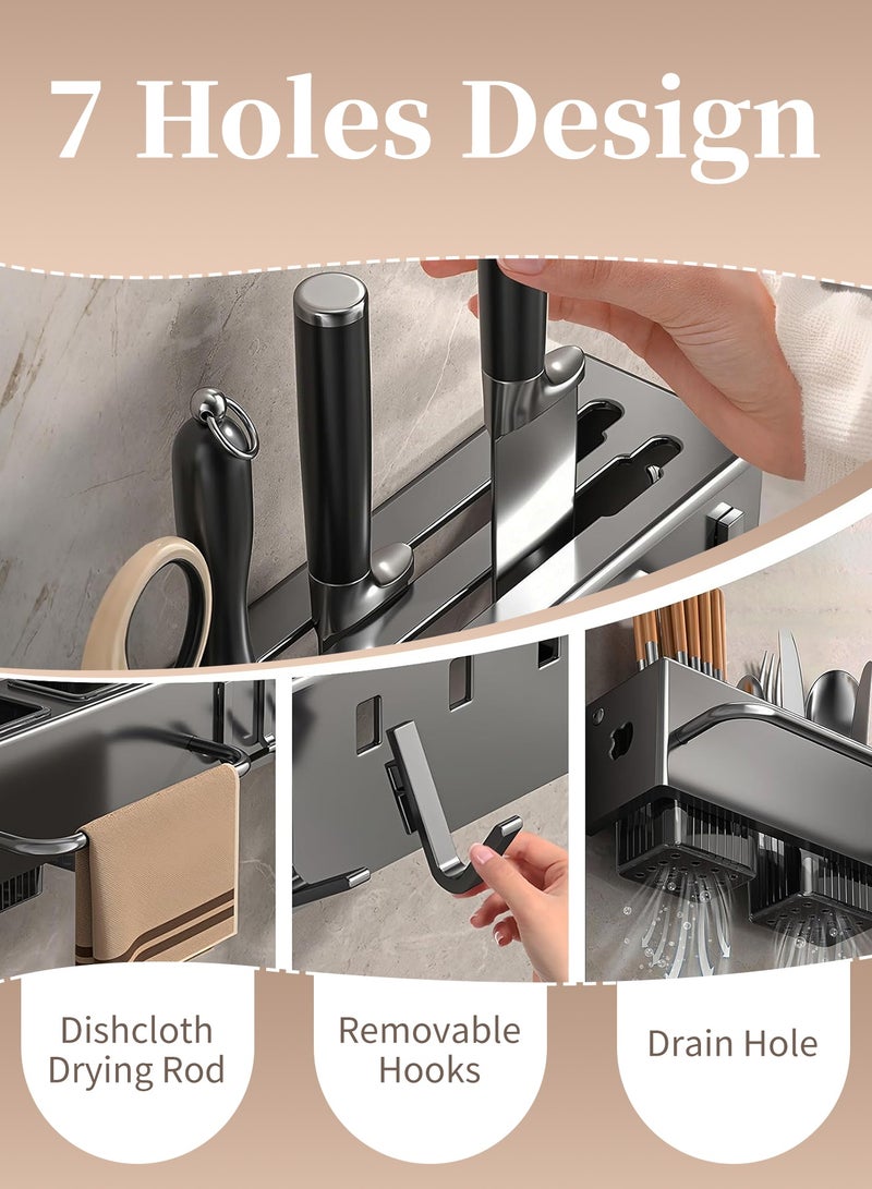 بيت الشاي رف تخزين المطبخ، حامل سكاكين مثبت على الحائط مع خطافات - منظم مطبخ موفر للمساحة بطول 40 سم للأواني والسكاكين والمناشف، رف سكاكين من الألومنيوم المقاوم للصدأ - Image 3