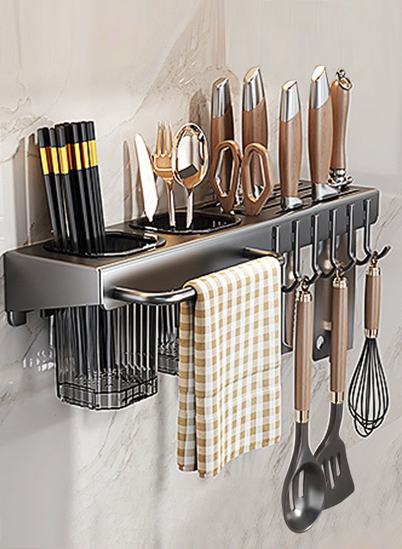 بيت الشاي رف تخزين المطبخ، حامل سكاكين مثبت على الحائط مع خطافات - منظم مطبخ موفر للمساحة بطول 40 سم للأواني والسكاكين والمناشف، رف سكاكين من الألومنيوم المقاوم للصدأ - Image 1