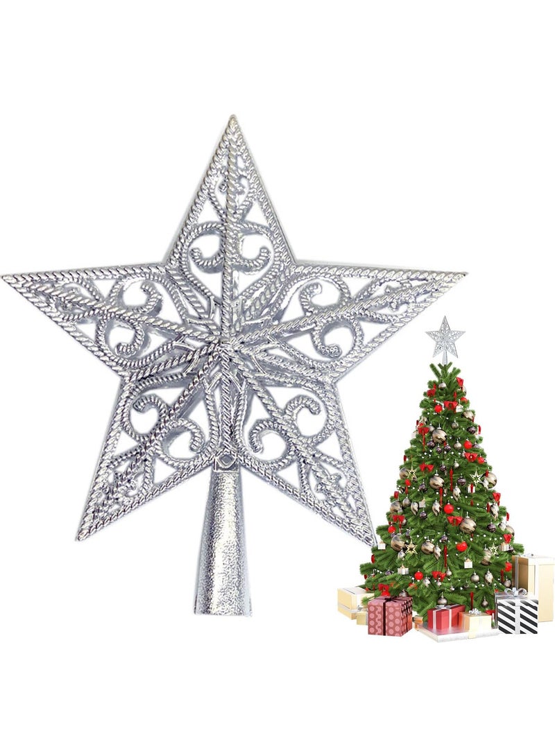 AUTOYSUR زينة شجرة عيد الميلاد، نجمة مجوفة فضية مقاس 8 بوصات لتزيين شجرة عيد الميلاد (فضي) - Image 1