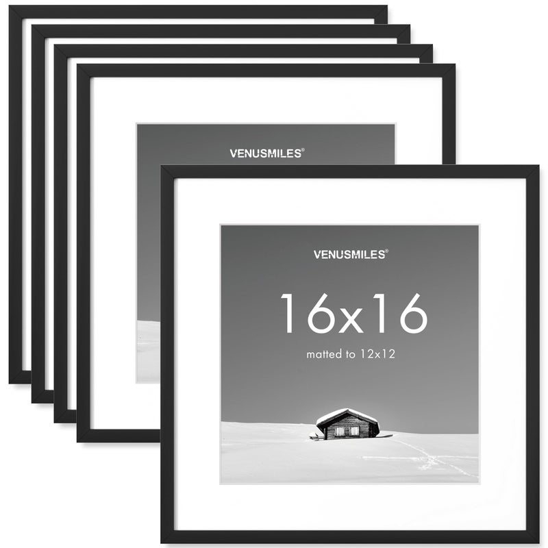 Venusmiles 16x16 inch Picture Frame 16x16 Photo Frames with 12x12 Removable Mat  High Definition Plexiglass  Vertical and Horizontal Display  Wall Hanging Frame  Black 5 Pack