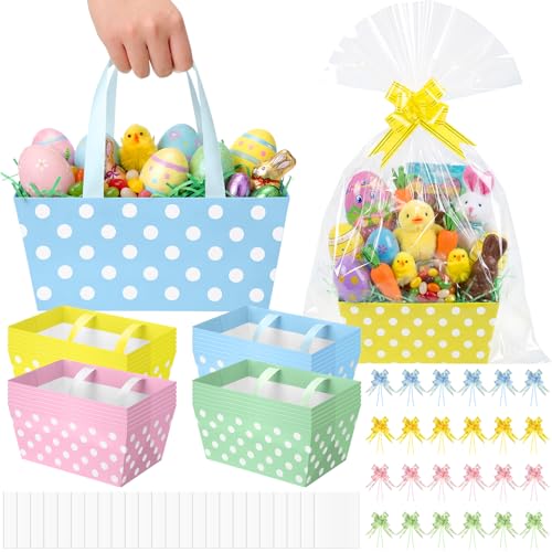 Funnymoom 24 Pcs Pastel Basket for Gifts Empty Pink Blue Yellow Green Polka Dot Gift Basket Empty to Fill with Handle Plastic Bag Bow for Spring Summer Easter Wedding Party Favor Supply 98x65 - Image 1