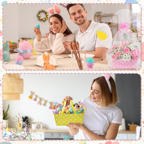 Funnymoom 24 Pcs Pastel Basket for Gifts Empty Pink Blue Yellow Green Polka Dot Gift Basket Empty to Fill with Handle Plastic Bag Bow for Spring Summer Easter Wedding Party Favor Supply 98x65 - Image 3