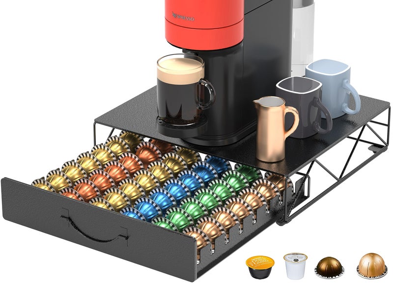 HFHOME Coffee Pod Drawer 48 Vertuoline Coffee Pods Holder Pods Storage Drawer Holder for 36 K Cup Metal Coffee Station for Nespresso Vertuo Capsules for Home Office Counter Black