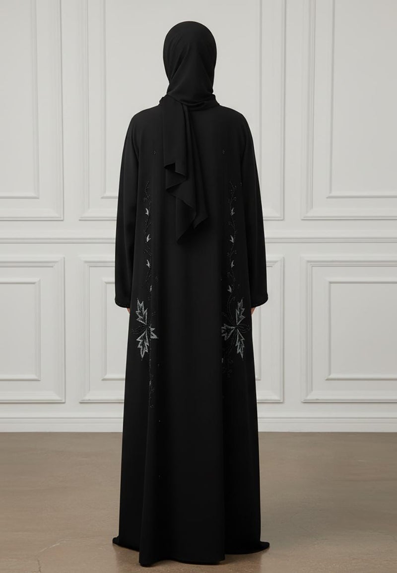 NUKHBAA Elegant Midnight Black Abaya with Emerald Floral Embroidery-876 - Image 4