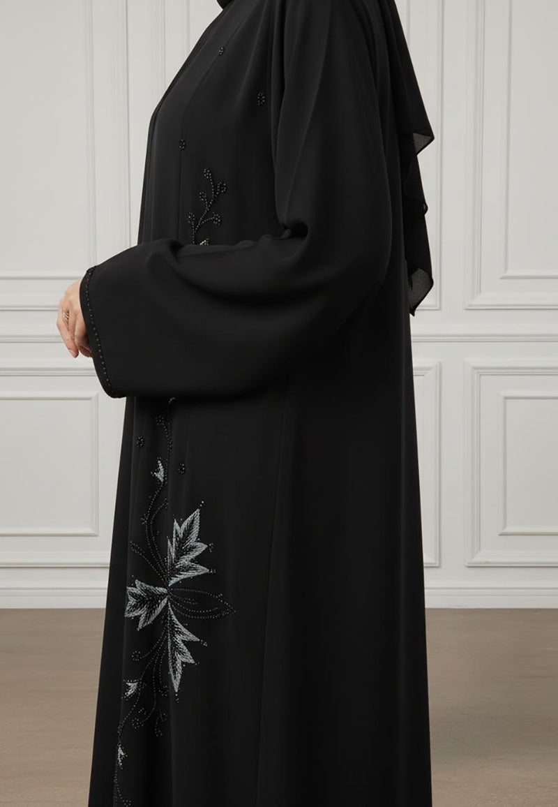 NUKHBAA Elegant Midnight Black Abaya with Emerald Floral Embroidery-876 - Image 3