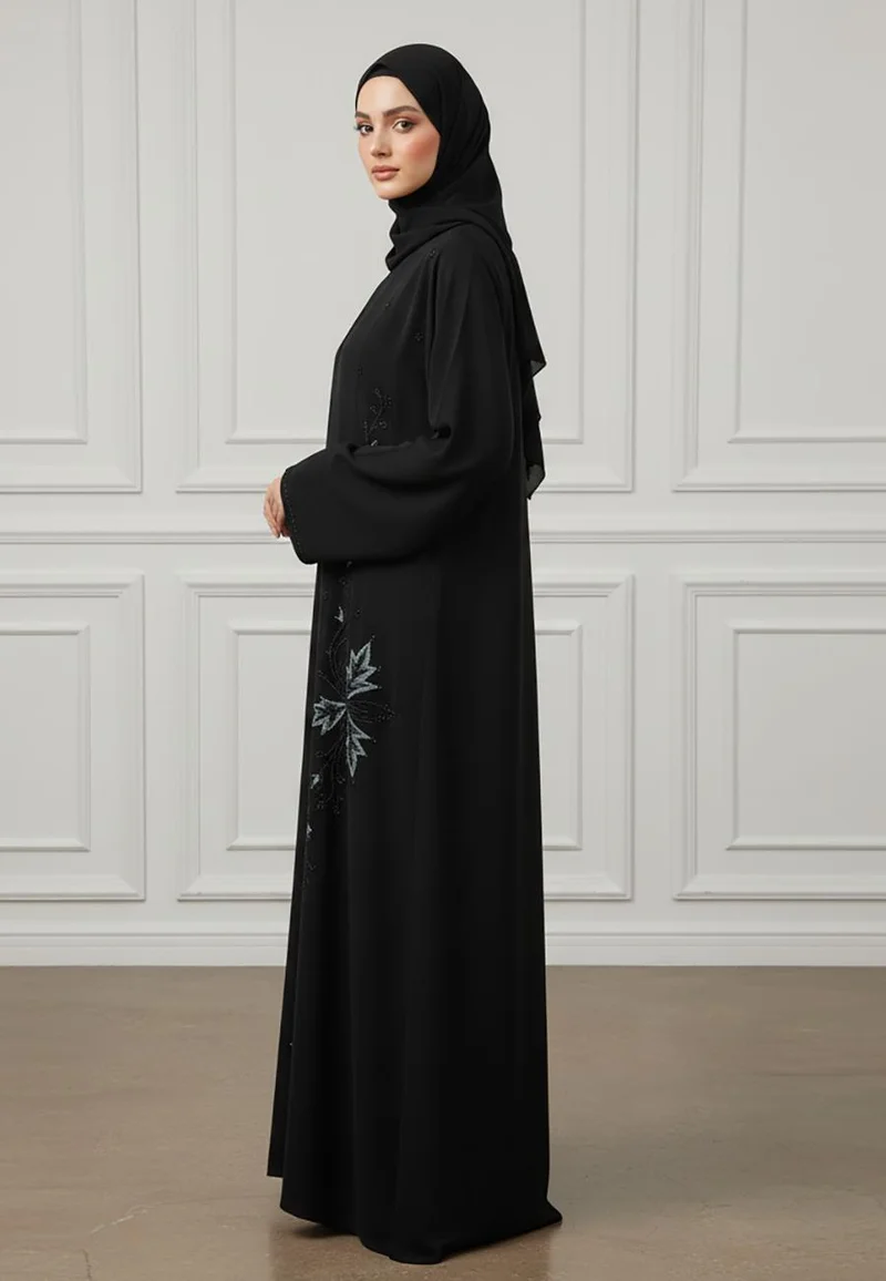 NUKHBAA Elegant Midnight Black Abaya with Emerald Floral Embroidery-876