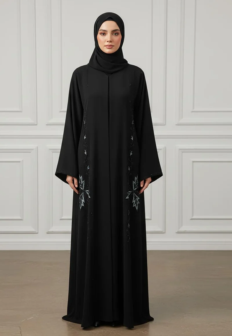 NUKHBAA Elegant Midnight Black Abaya with Emerald Floral Embroidery-876