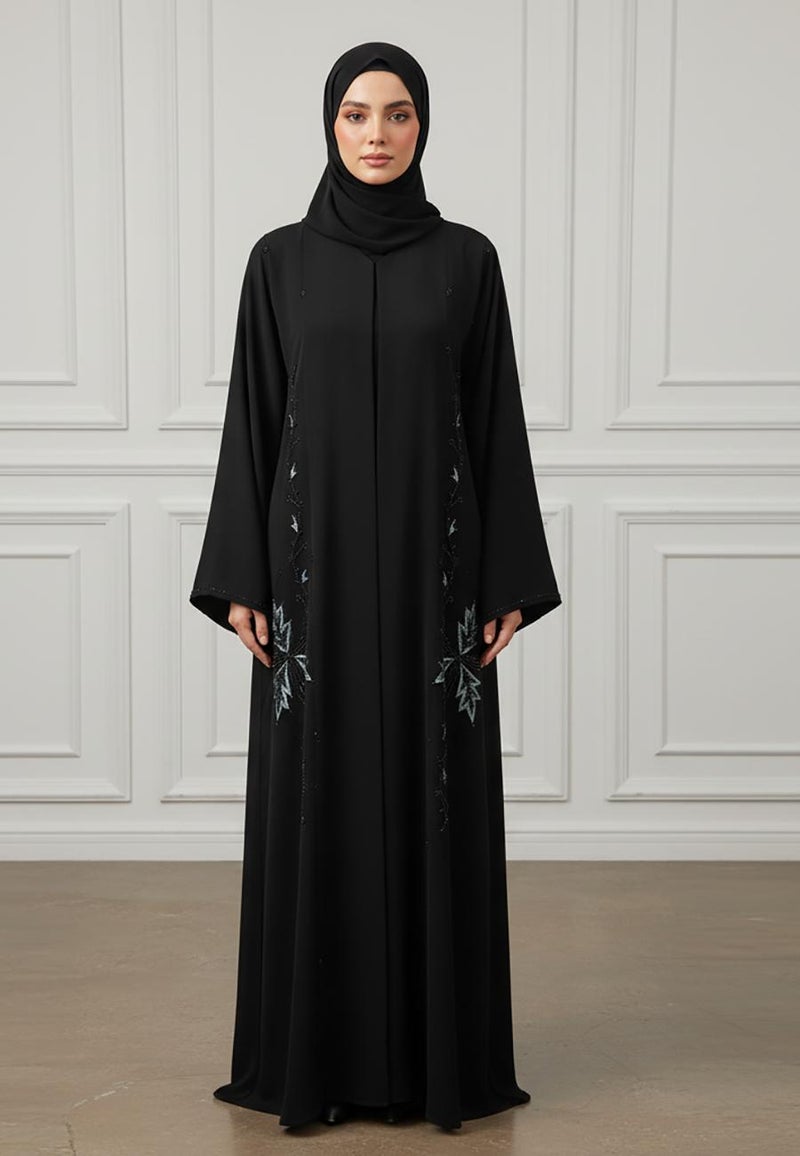 NUKHBAA Elegant Midnight Black Abaya with Emerald Floral Embroidery-876 - Image 1