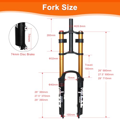 ZTZ 2627529 inch Mountain Bike Air Suspension ForkRebound Adjustment180mm TravelQR 9x100mm 118 Straight Steerer Ultralight Double Shoulder Design Front Fork for XCAM MTB Gold 29 inch - Image 3