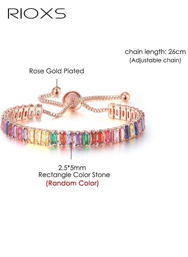 ريوكس أساور تنس كريستالية لامعة أنيقة، أساور مرصعة بالزركونيا الملونة اللامعة المطلية بالذهب للنساء، أساور ملونة لامعة قابلة للتعديل، مجوهرات، هدايا أعياد الميلاد - Image 2