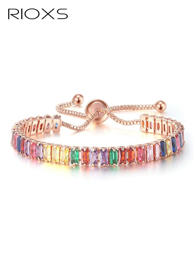 ريوكس أساور تنس كريستالية لامعة أنيقة، أساور مرصعة بالزركونيا الملونة اللامعة المطلية بالذهب للنساء، أساور ملونة لامعة قابلة للتعديل، مجوهرات، هدايا أعياد الميلاد - Image 1