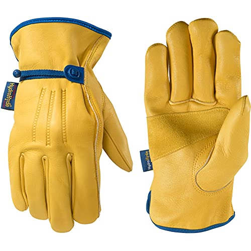 Wells Lamont Mens Adjustable HydraHyde Leather Work Gloves WaterResistant Breathable Durable Ideal for Gardening Landscaping Ranching Heavy Duty Leather Work Gloves Saddletan Large - Image 1