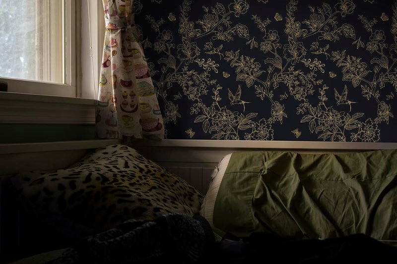 Froluya Black and Gold Wallpaper Peel and Stick Wallpaper 17.7"x118.1" Vintage Floral Boho Peel and Stick Wall Paper Dark Removable Self Adhesive Contact Paper for Bedroom Cabinets Shelf Liner Vinyl - Image 3