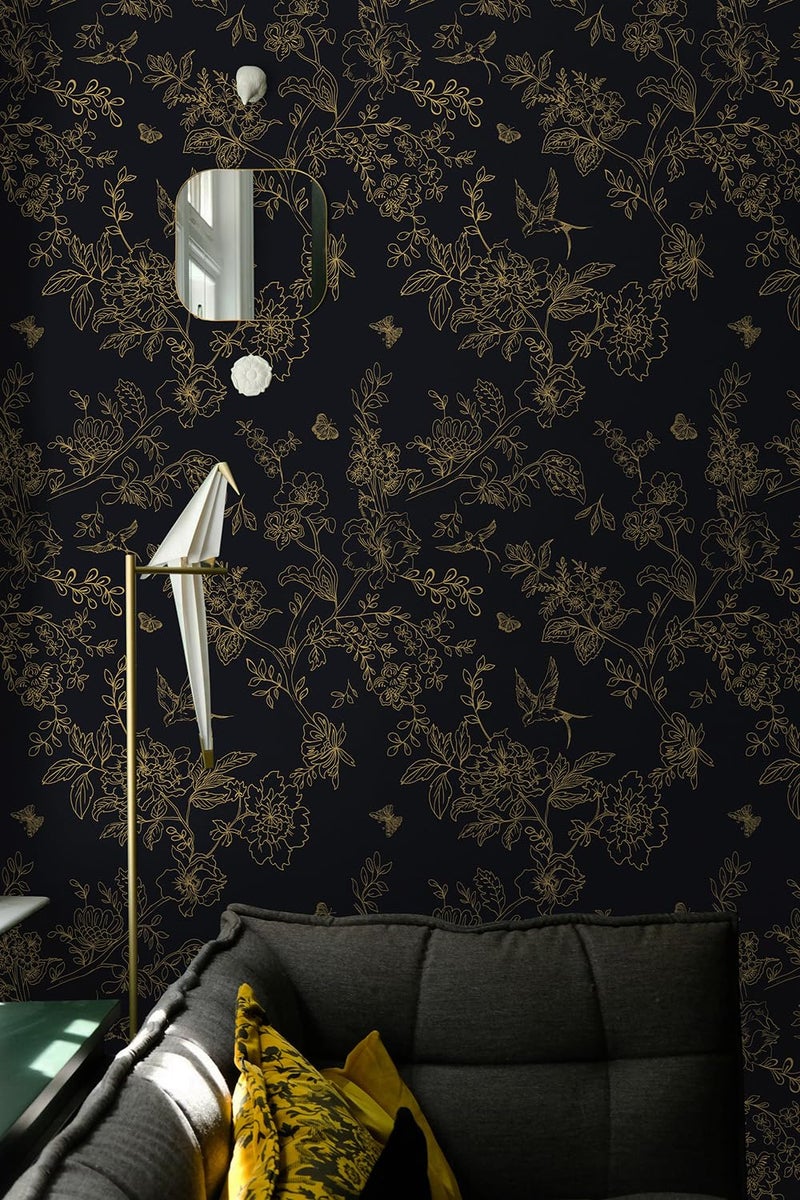 Froluya Black and Gold Wallpaper Peel and Stick Wallpaper 17.7"x118.1" Vintage Floral Boho Peel and Stick Wall Paper Dark Removable Self Adhesive Contact Paper for Bedroom Cabinets Shelf Liner Vinyl - Image 2