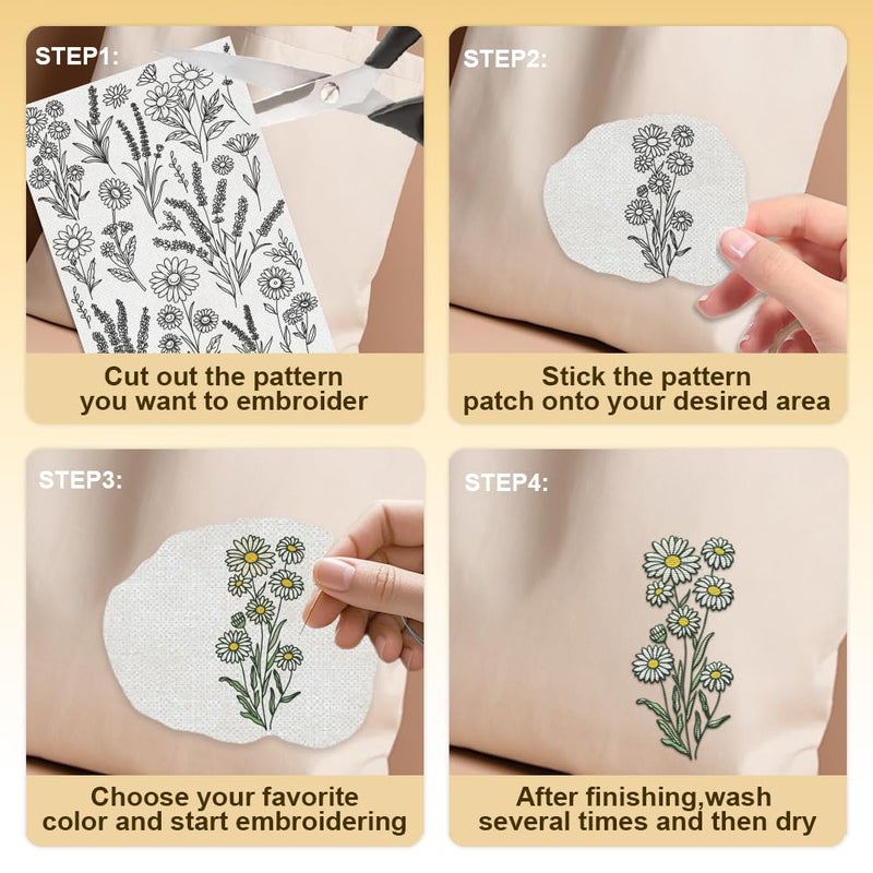 DOODLREAM 30 قطعة من مثبتات الخياطة اليدوية القابلة للذوبان في الماء لافندر ديزي 8.3 بوصة × 11.7 بوصة مثبت نمط تطريز الزهور 4 أوراق ملصق ورق تطريز لاصق وغرز - Image 4