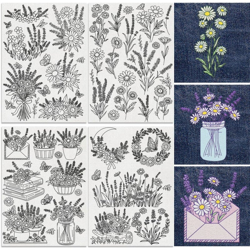 DOODLREAM 30 قطعة من مثبتات الخياطة اليدوية القابلة للذوبان في الماء لافندر ديزي 8.3 بوصة × 11.7 بوصة مثبت نمط تطريز الزهور 4 أوراق ملصق ورق تطريز لاصق وغرز - Image 1